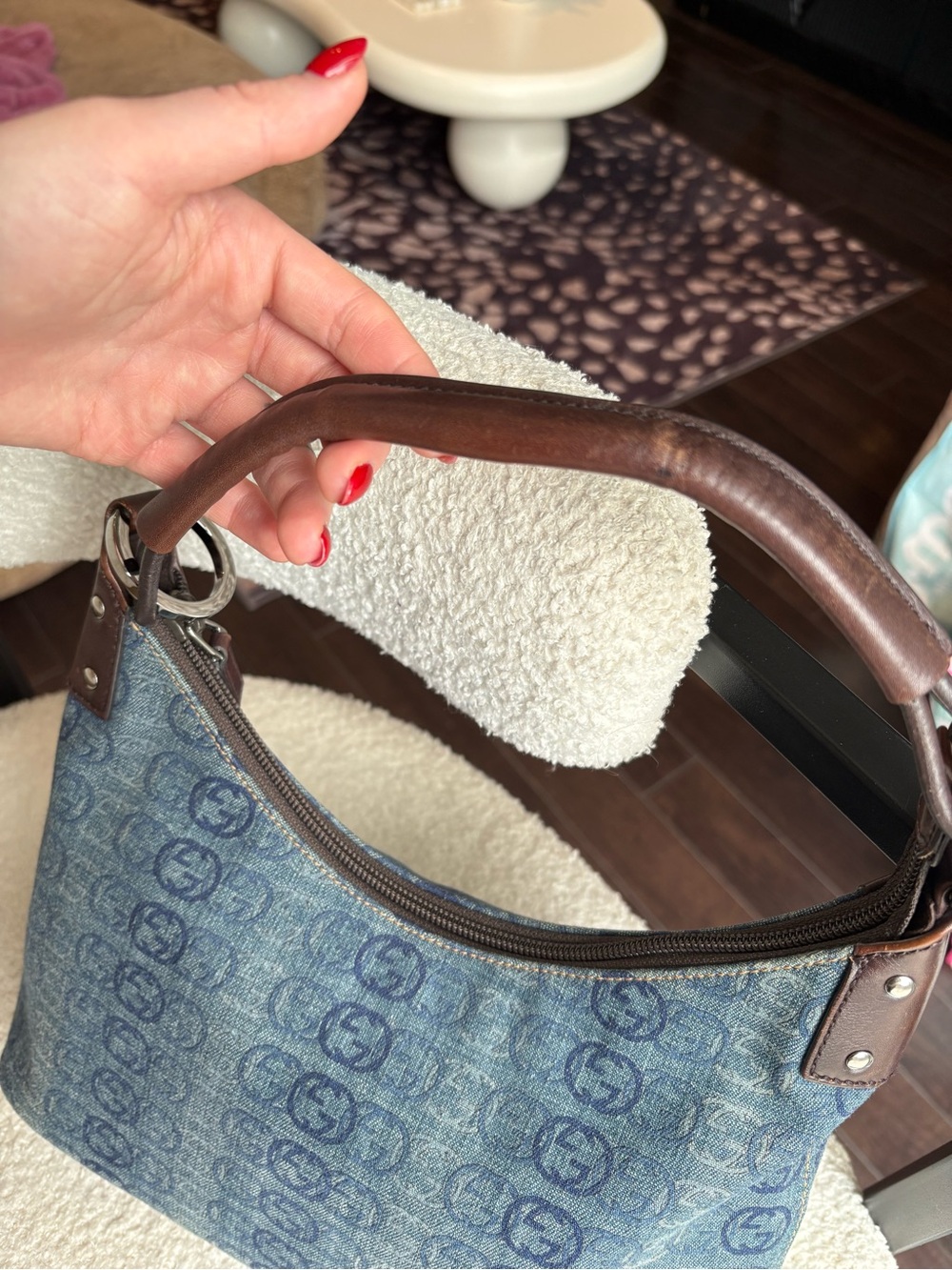 Gucci Blue Denim Monogram Shoulder Bag with Brown Leather Trim - Picture 5 of 12